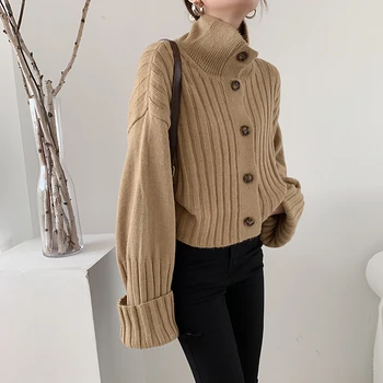 

WICCON New 2020 Autumn Winter Women's Sweaters Turtleneck Buttons Short Cardigans Oversize Elegant Korean Lady Tops