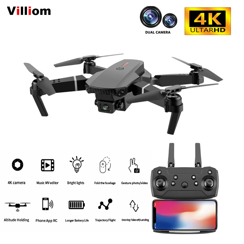 

Villiom E88 Pro Mini Drone with Camera HD 4K Wide Angle 1080P WiFi Fpv Drone Height Hold Rc Quadcopter Dron Toy Pk E525 E58