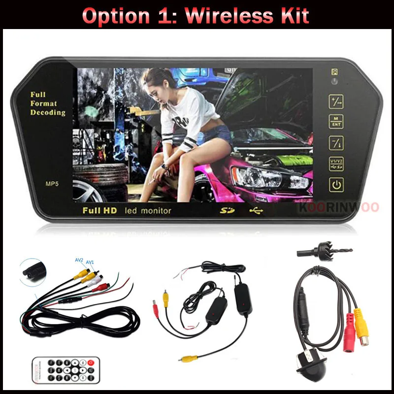 Koorinwoo HD 1024P система парковки Комплект " дюймовый TFT ЖК-монитор автомобиля радио вызов аудио выход стерео плеер+ зеркало заднего вида камера - Цвет: Wireless Kit