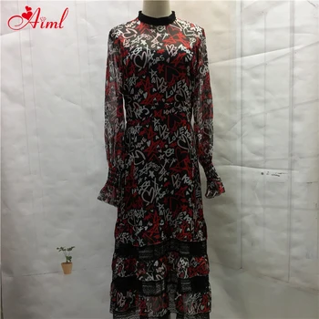 

Designer 2020 Female Fashion Summer Collar Long Lantern sleeve Print Bohemia Chiffon Dress Lace stitching Lady Dress Robe New