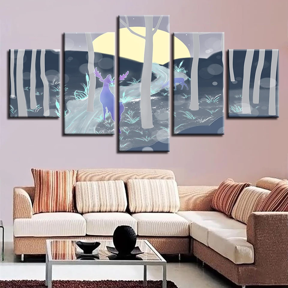 

Canvas Frame Wall Art Poster Home Decoration Modern 5 Panel Deer Landscape For Living Room HD Print Painting Modular Pictures