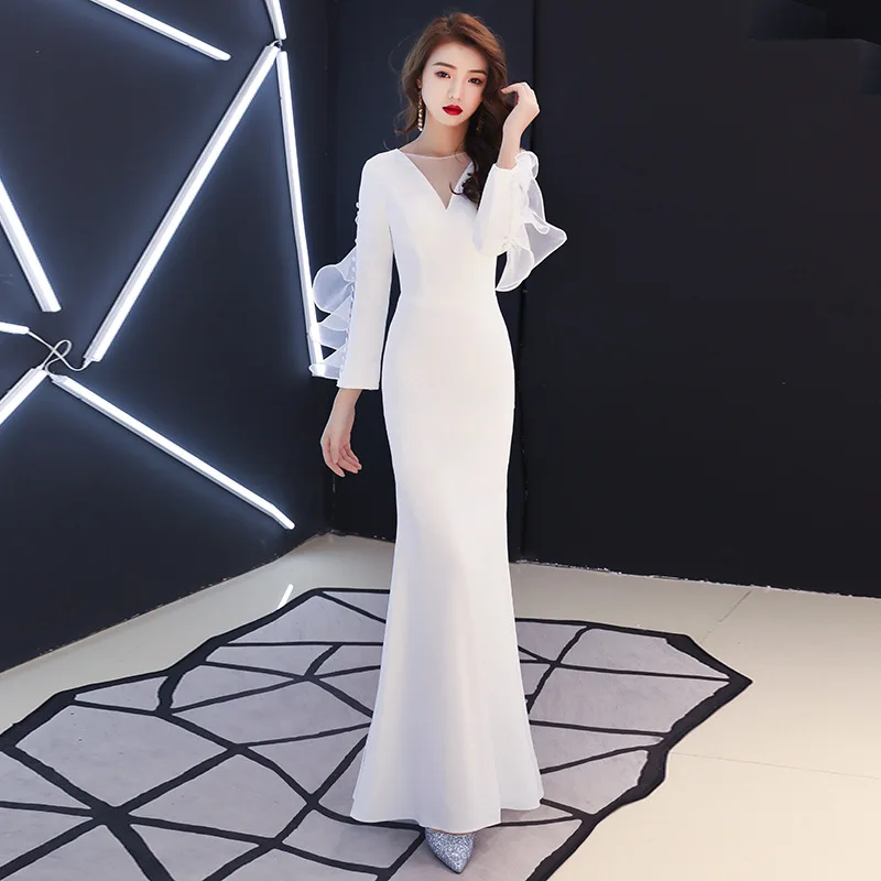 Белое Женское длинное узкое платье русалка вечерние платья Cheongsam с круглым