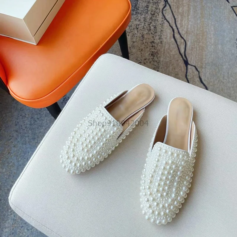 

40% Sale Handmade White Pearl Slippers Women White Rhinestone Flat Shoes Comfortable Flat Outside Sexy Mules Sandals