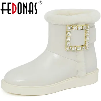 

FEDONAS Rhinestone Female Snow Boots Autumn Winter Genuine Leather Thick Heels Women'S Shoes 2020 Working Women Ankle Boots