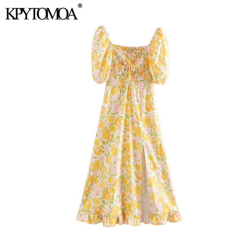 KPYTOMOA Women 2020 Elegant Fashion Floral Print Smocked Stretchy Midi Dress Tie Neck Short Sleeve Slit Female Dresses Vestidos KPYTOMOA Women 2020 Elegant Fashion Floral Print Smocked Stretchy Midi Dress Tie Neck Short Sleeve Slit Female Dresses Vestidos