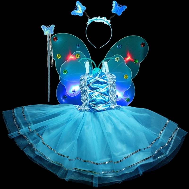 4Pcs/set Kids Girls Fairy Party Flashing Costume Set Sleeveless LED Tutu Dress Butterfly Glow Wing Wind Headband Stage Dancewear little kid suit Clothing Sets