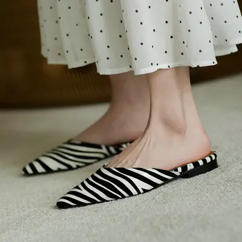 

Leather Wonlan Pointed Toe MulesFlat heel Comfor Elegant Zebra Black Spring Autumn 34-42