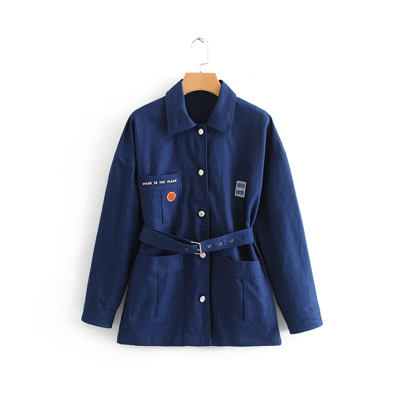 

Western Style WOMEN'S Dress 2019 Spring New Style Fold-down Collar Patch Embroidered Belt Jacket Women's