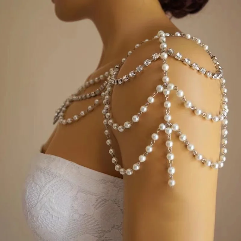 Vingate Imitation Pearl Shoulder Chain Jewelry Luxury Hand-Beaded Body Chain Women's Wedding pearl Shawl Accessories Necklace