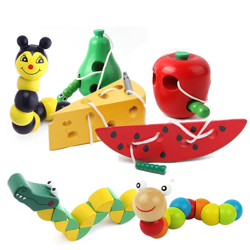 Baby Wooden Toys Worm Eat Fruit Cheese Wood Toys Baby Kids Educational Rope-piercing Montessori Gifts M0040