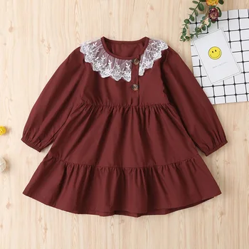 

Autumn 2020 Girls Dress Girls Summer Cute Dress Long Sleeve Cut out Lace Collar Jujube Red Cute Layered Dress Vestidos 2-6T