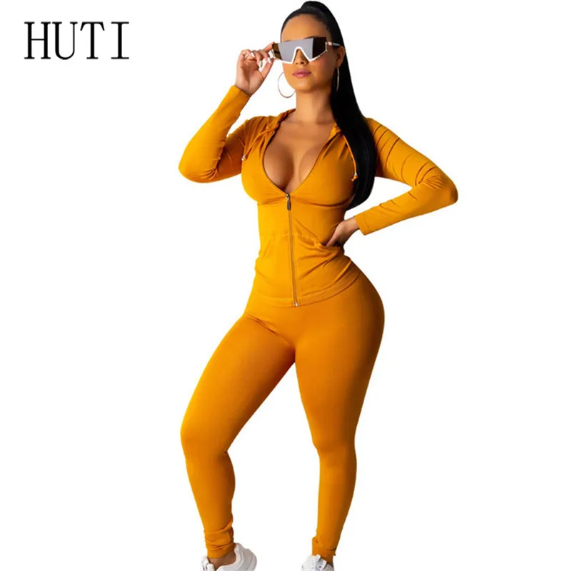 Ginger Yellow HUTI, комплект из двух предметов, спортивный костюм, Осень-зима, длинный рукав, с капюшоном, на молнии, толстовка, костюм со спортивными брюками, набор, женская праздничная одежда - Цвет: Ginger Yellow
