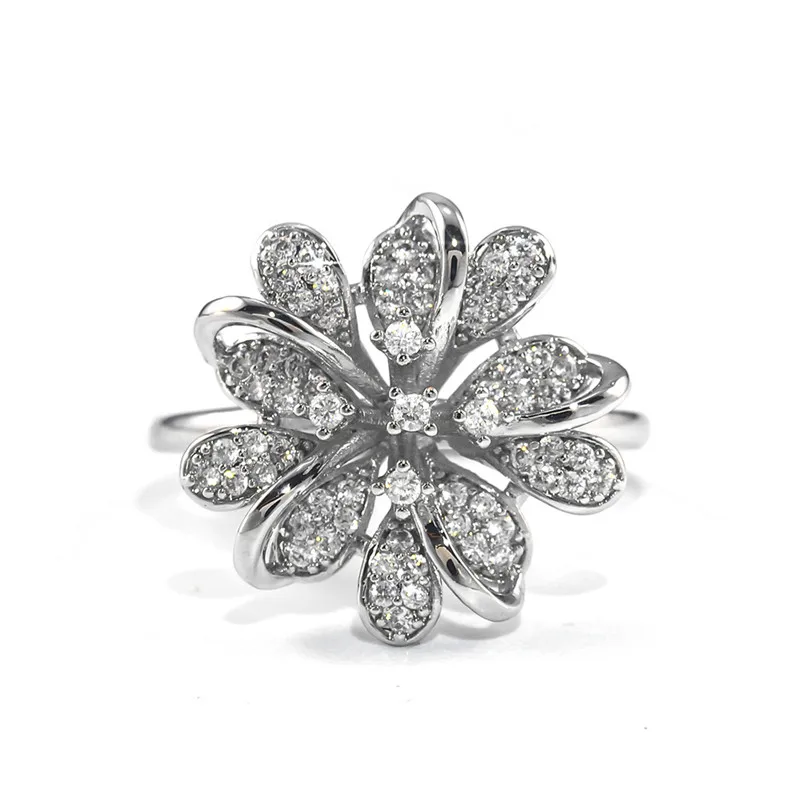 Fashion Ladies Crystal Big Flower Zircon Ring Luxury Silver Filled Love Finger Ring Unique Promise Wedding Rings For Women