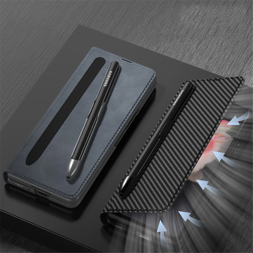 with Card Slot S Pen Holder For Samsung Galaxy Z Fold 3 5G 2021 phone Case Leather Cover Luxury Shockproof Coque Funda (No Pen) galaxy z flip3 case