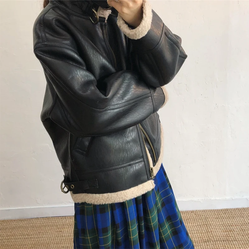 SHENGPALAE Chic Autumn Winter Coat Handsome Keep Warm Lamb Jacket Leather Loose Coat Korean Fashion Woman Clothing FV683