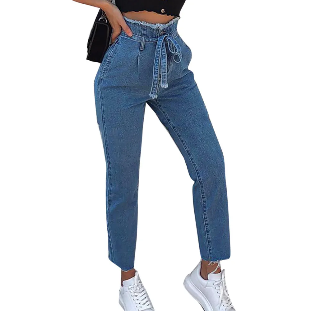 Плюс размер женские Кружева Высокая талия джинсы пояс шнуровка отделка тонкие джинсовые брюки сплошной цвет свободные заусенцы брюки# Y3