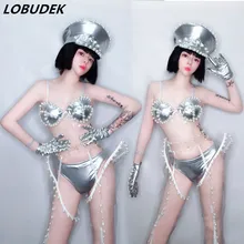 Для женщин, для танцев, для ночного клуба, одежда для сцены, серебряный жемчуг, бикини, леггинсы, шляпа, наряд, для танцев, команды, бара, вечерние, сексуальный костюм для выступлений, DJ Show