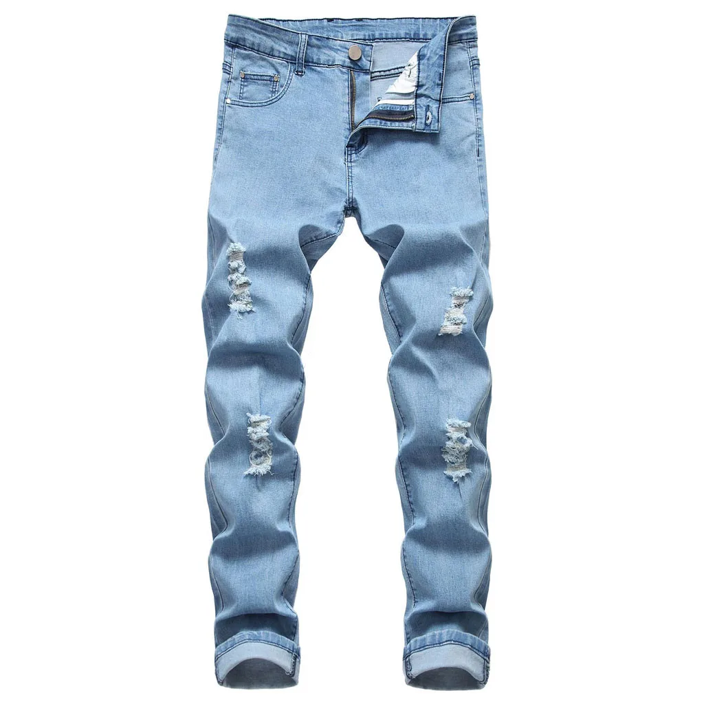 Для мужчин новые модные рваные Slim Fit молнии эластичные джинсовые штаны Для мужчин тянущиеся женские тонкие джинсы