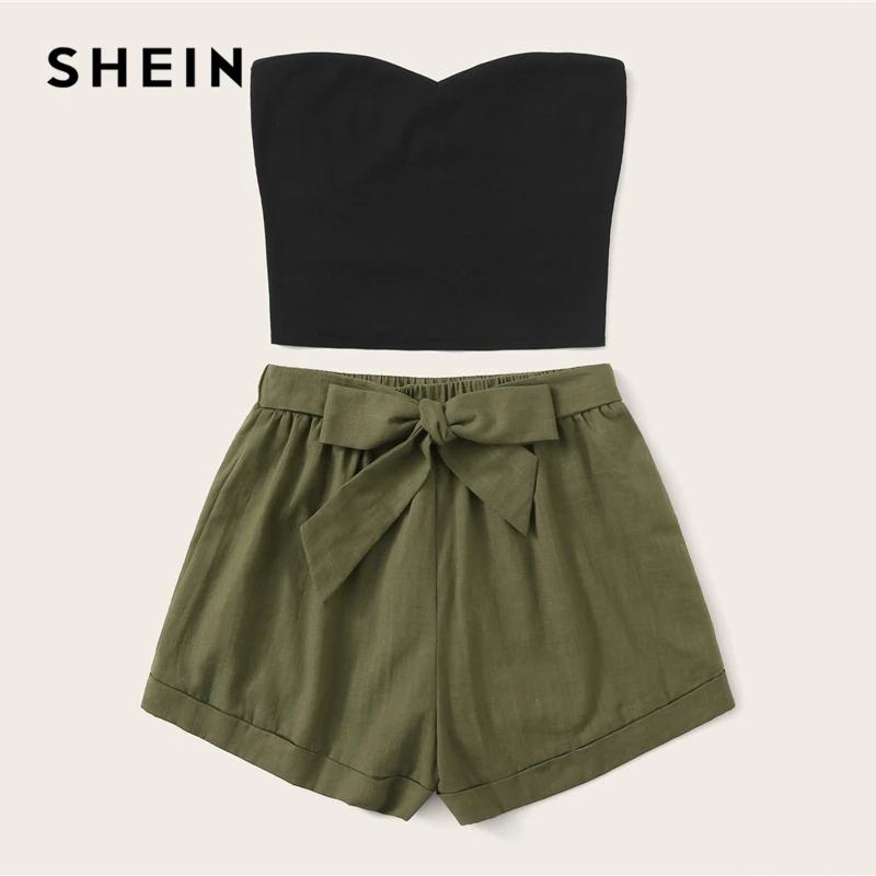SHEIN плюс размер, однотонный топ-труба и шорты с поясом, летний комплект без бретелек без рукавов, прямой Женский Повседневный комплект из двух предметов