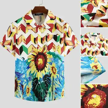 

INCERUN Man Loose Breathable Printed Shirt Turn Down Collar Casual Hawaiian Beach Tops Summer Vocation Streetwear Blouse 3XL