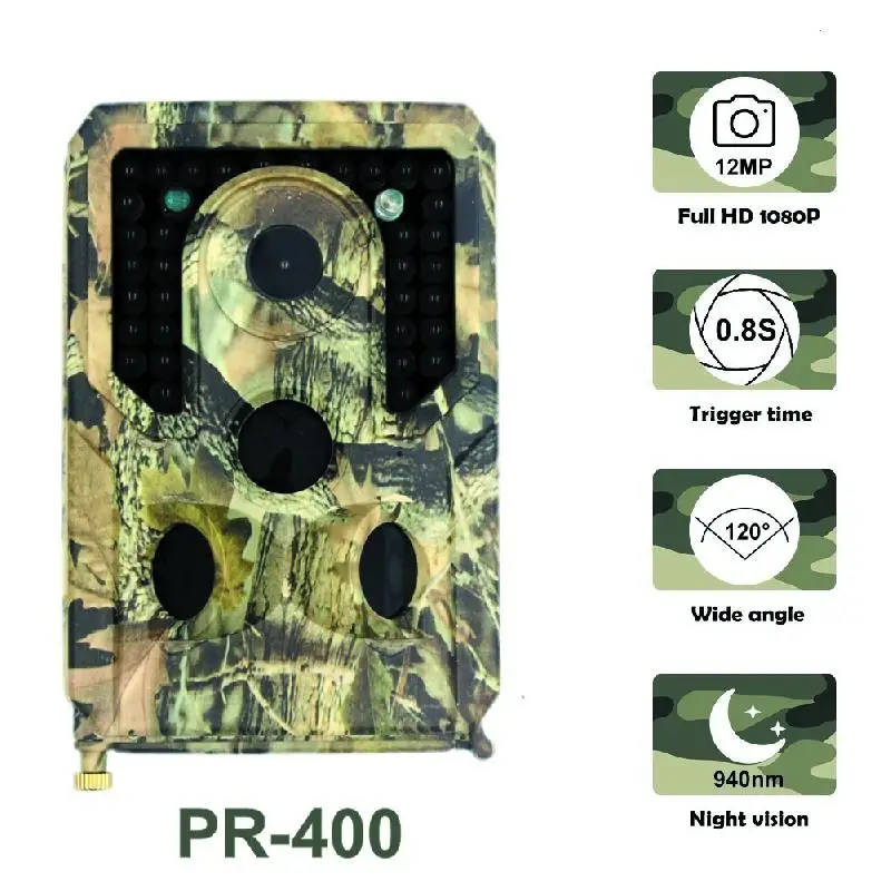 

PR-400 Trail Camera 12MP 1080P 34pcs Infrared LEDs 940nm Hunting Camera IP56 Waterproof 120 Degree Angle Wild Camera
