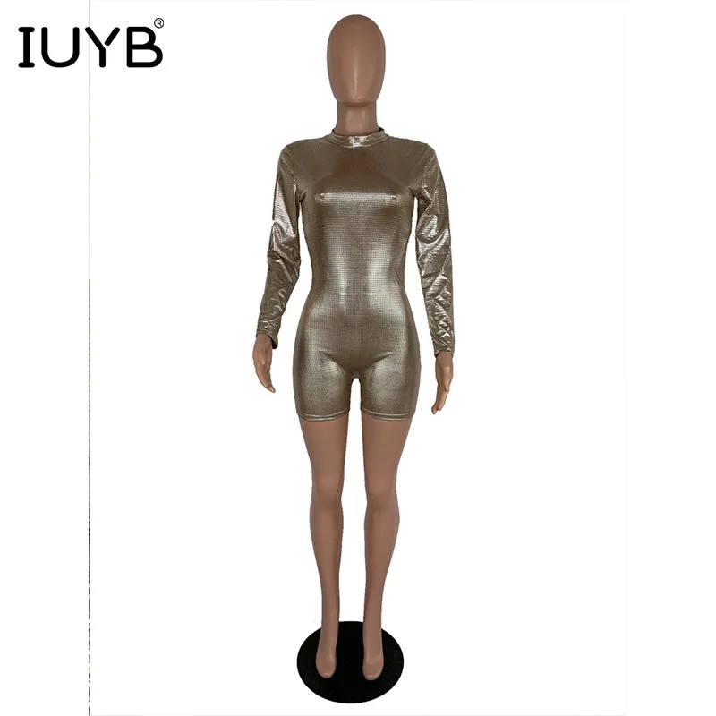 IUYB Весна Высокая сексуальная Новинка Модные женские мини-комбинезоны с круглым вырезом с длинным рукавом обтягивающие блестящие женский пляжный костюм ML7165