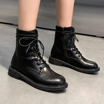 

Genuine Leather Ladies Boots Plush Fur High Heels Lace-up Black Flat Shoes Ladies Short Boots Women Shoes