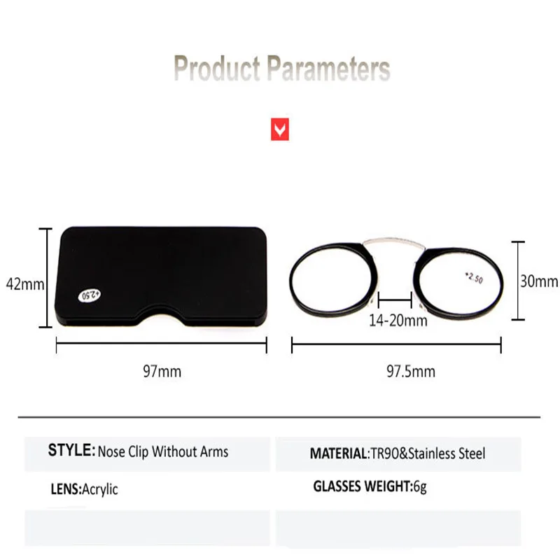 Безножные пластиковые очки для чтения, зажим для носа, Sos, портативные мини очки для дальнозоркости, увеличительная диоптрия+ 150+ 200+ 250, дешево