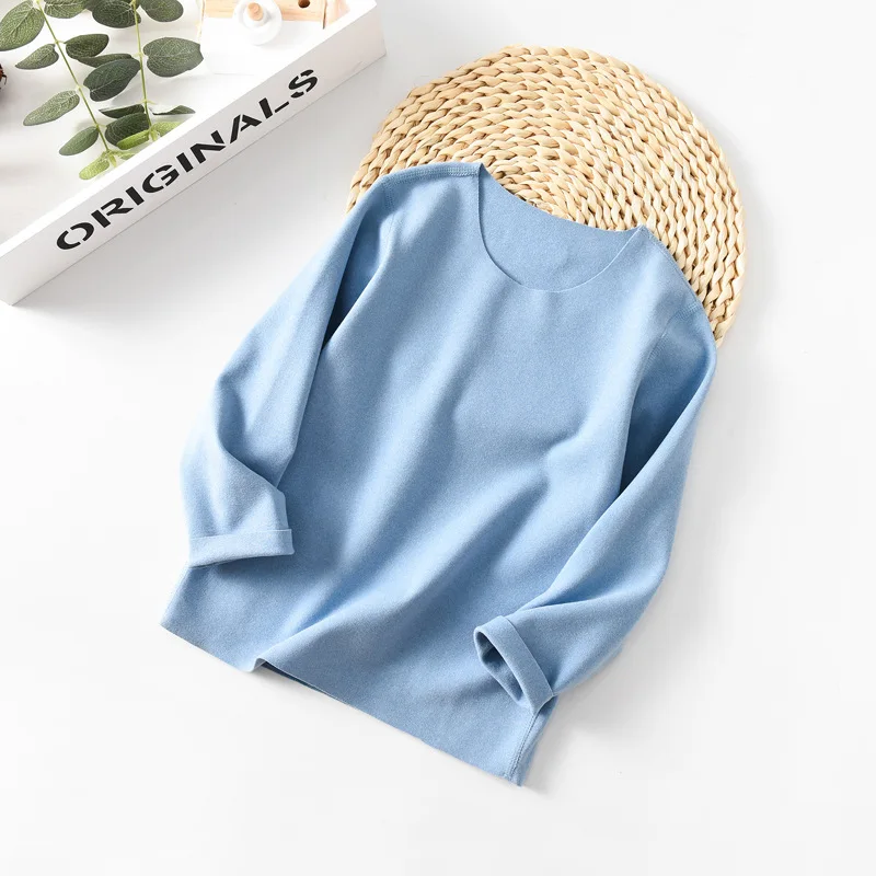 light blue Детская зимняя футболка с круглым вырезом Теплая Флисовая футболка с длинными рукавами для мальчиков и девочек хлопковая детская одежда удобные мягкие Топы LZ548 - Цвет: light blue