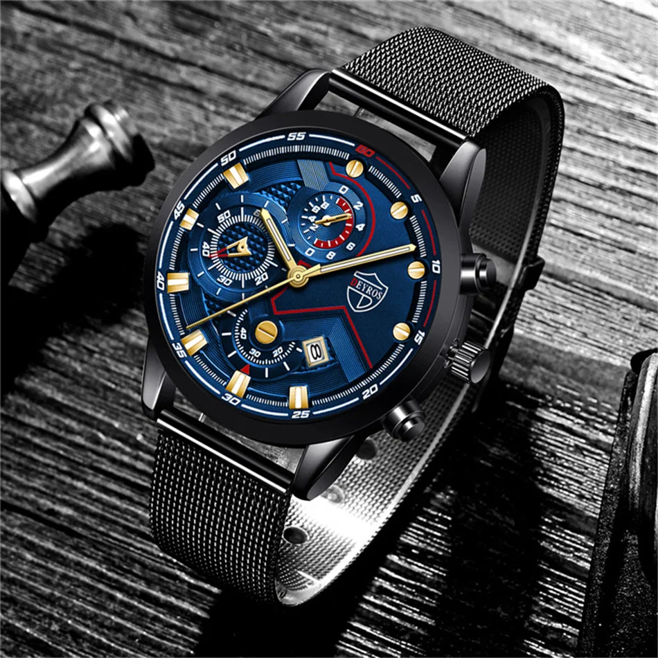 часы мужские Luxury Mens Quartz Stainless Steel Mesh Belt Casual Watches Men Leather Business Date Luminous Watch reloj hombre