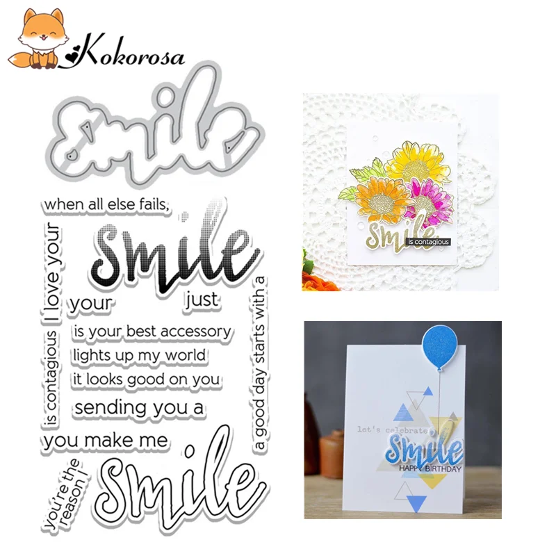

Kokorosa Smile Letter Metal Cutting Dies and Clear Stamps Inspirational Word Scrapbooking For Making Card Album Craft Stencil