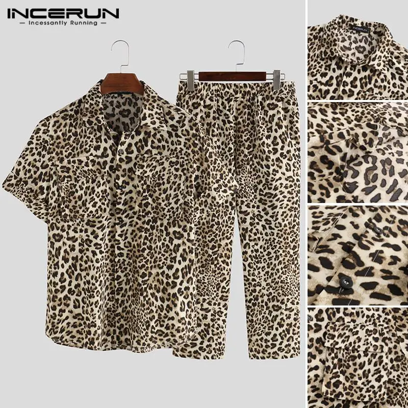 Hombres leopardo Vintage conjuntos estampados pantalón corto Casual manga larga pantalones trajes hombre cómodos botones camisas Chic elegante Set INCERUN