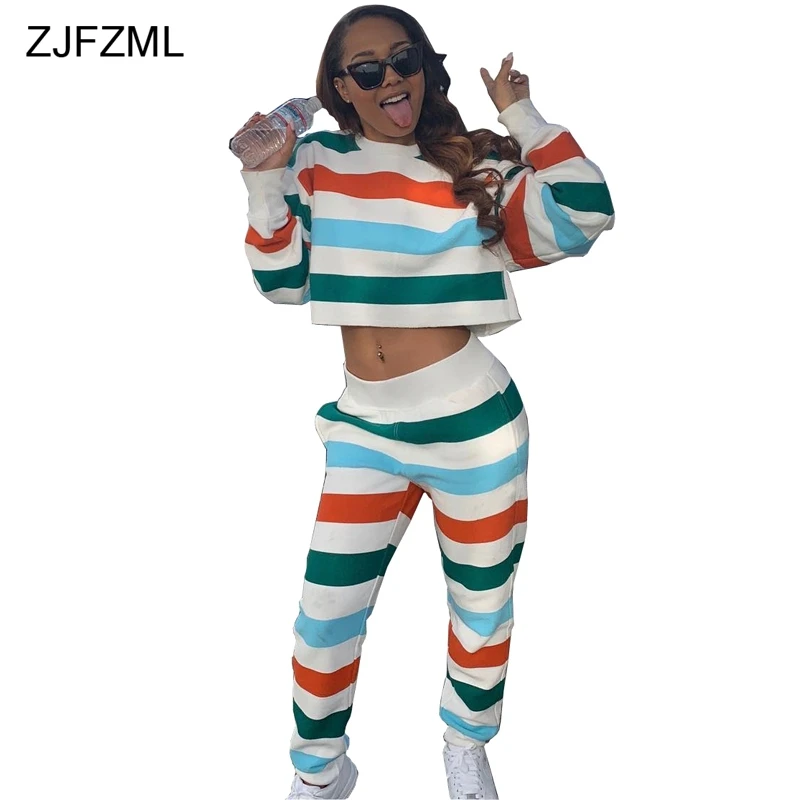 

Colorful Striped Sexy 2 Piece Sweatsuits for Women Round Neck Long Sleeve Loose Crop Top + Long Pants Plus Size Two Piece Sets