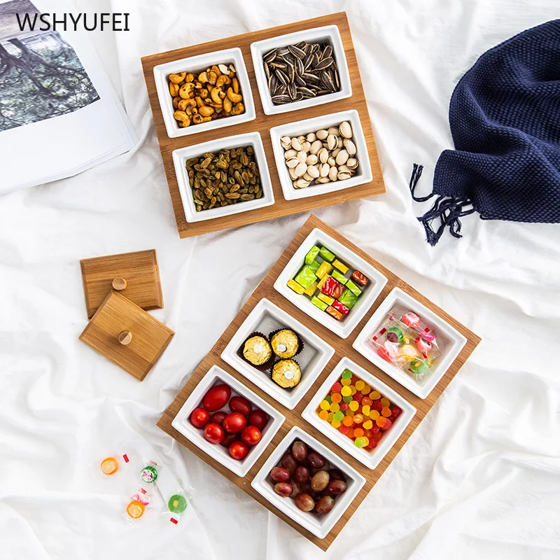 

Direct marketing new creative division household snacks snack plate solid wood tray biscuit candy nut storage ceramic lattice
