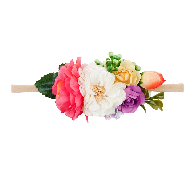 Boho новорожденный искусственный цветок оголовье бутик нейлоновые повязки для волос для девочек ручной работы Цветочные Детские аксессуары для волос на день рождения