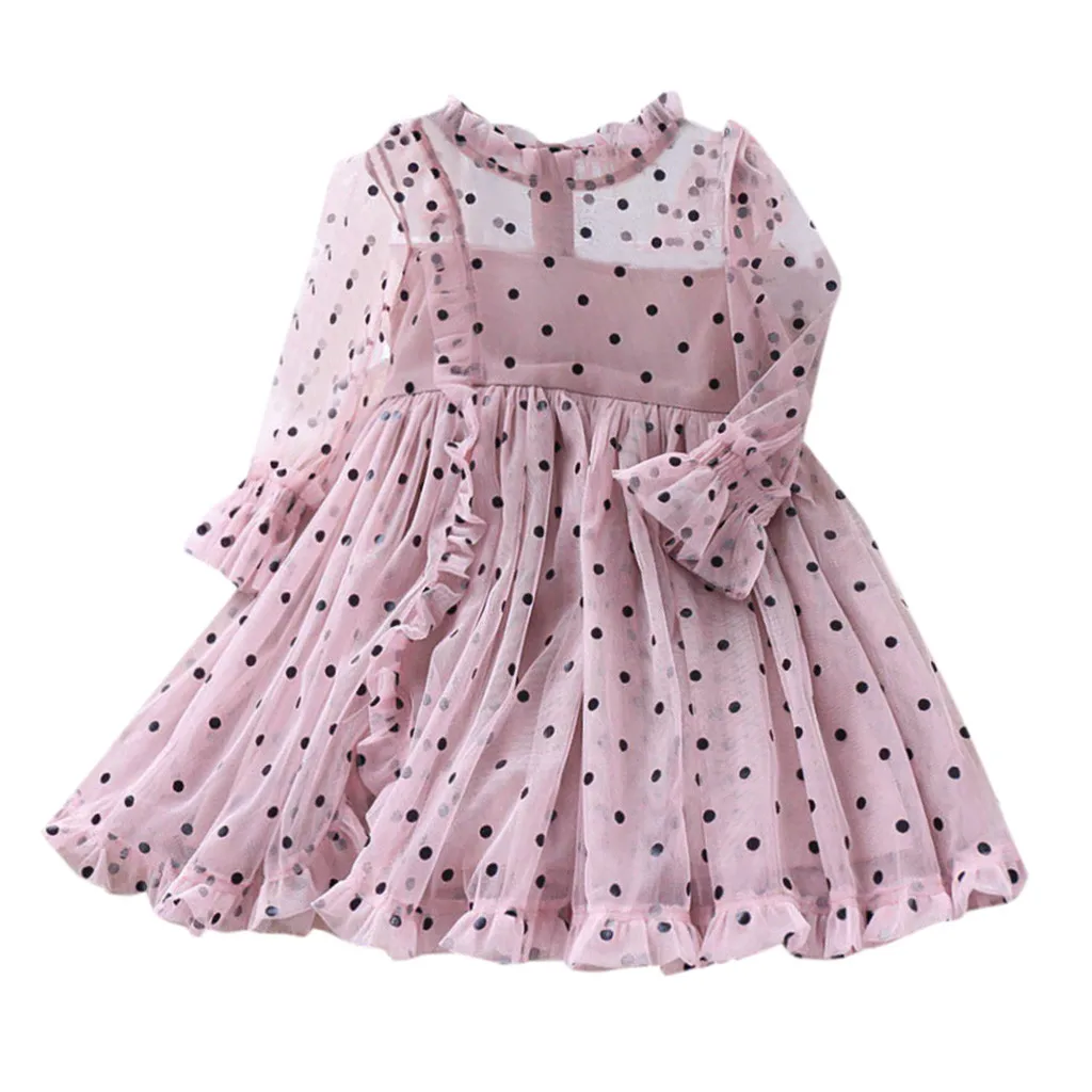 Летнее платье для маленьких девочек; коллекция года; газовое платье принцессы с длинными рукавами в горошек с оборками и бантом для маленьких девочек; Vestidos Infantil