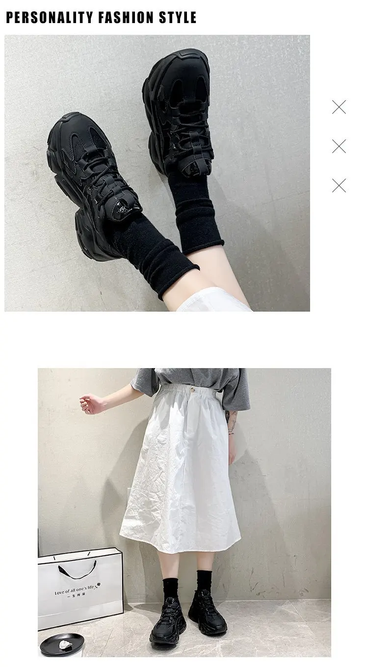 2022 Black Platform Sneakers Women Shoes Casual Lace Up Thick Sole Shoes Woman Beige Chunky Sneakers Leather Vulcanize Shoes