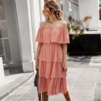 

Off Shoulder Dress Polka Dot Boho Dres A-line Ruffle Party Dress Elegant Office Dress Blue Pink White Dresses
