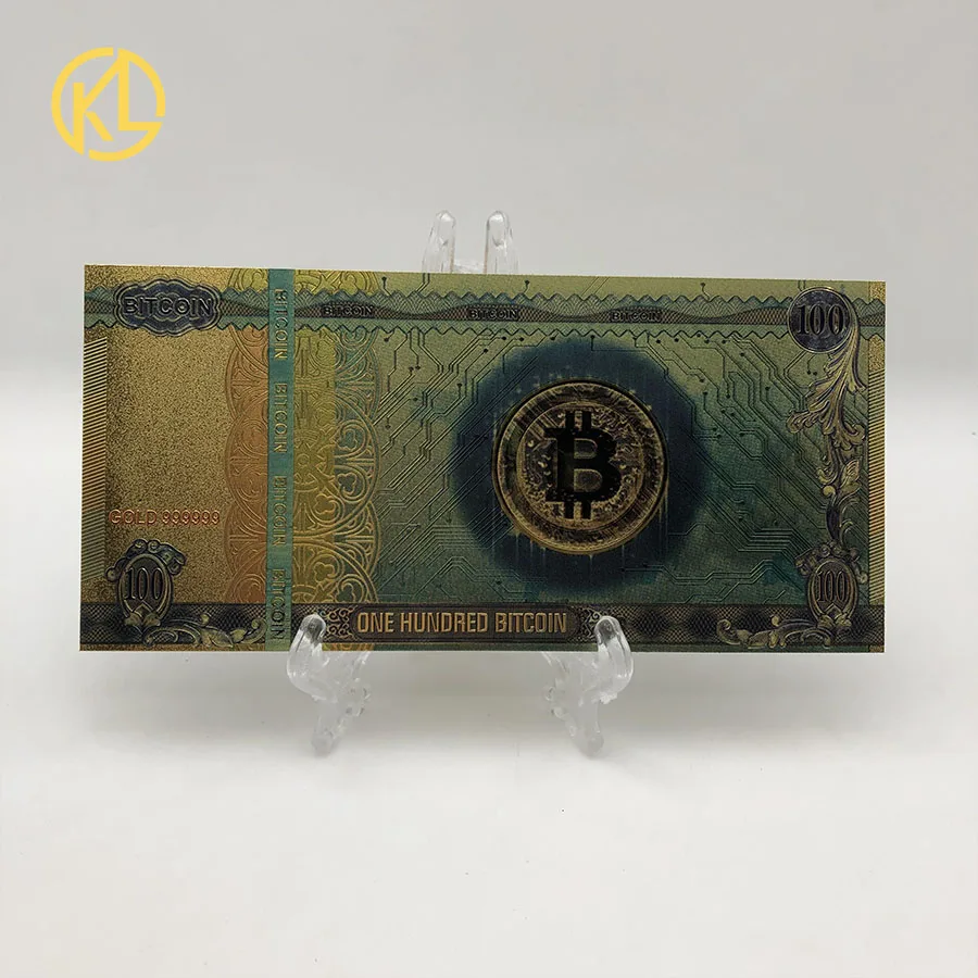 1pc Colorful Gold Plated banknot ONE Hundred BITCOIN plastic Money Bit Coin BTC Fake Money Souvenir Home Decoration-0