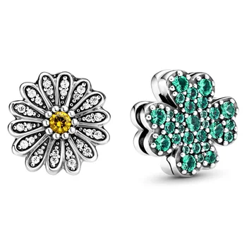 

NEW 2020 100% 925 Sterling Silver Spring Daisy Flower Pave Four-Leaf Clover Clip Charm Fit DIY Women Original Bracelet Jewelry