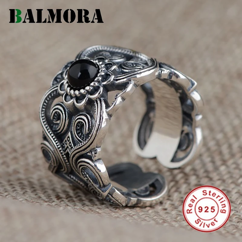 BALMORA Настоящее 925 пробы Серебряные широкие Открытые Кольца для мужчин и женщин цветок кристалл серебряные кольца для возлюбленной подарки Ювелирные изделия Anillos