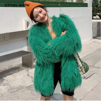 

2019 Winter V neck Faux Sheep Fur Jacket 4 inches Long Hairy Shaggy Outwear Women Keep Warm Long Sleeve Mid Long Coat Tops Green