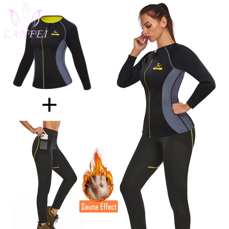 LANFEI Sauna Slimming Pants + Top Neoprene Sweat Thermal Suits Women Shirts Weight Loss Body Shaper Waist Trainer Belt Bodysuit