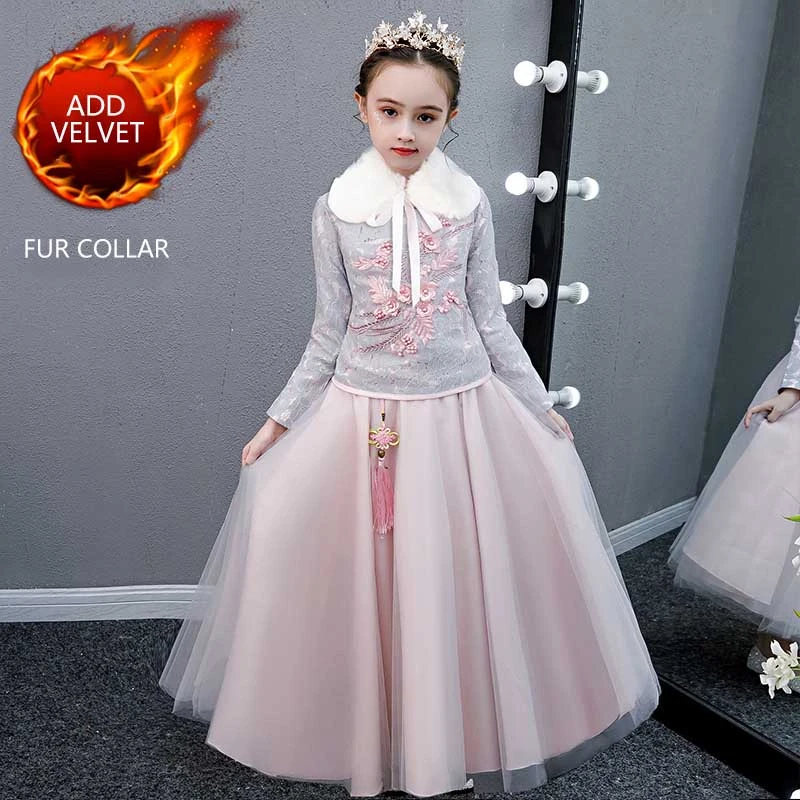 Hanfu/розовый китайский новогодний костюм для девочек, Восточное вечернее платье, плотное свадебное платье с длинными рукавами, детское кружевное платье Ципао