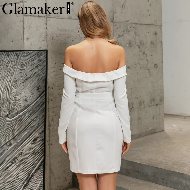 Glamaker, сексуальное Белое платье с открытыми плечами, блейзер с поясом, женские вечерние платья с длинным рукавом, облегающее платье, модное элегантное Клубное женское короткое платье