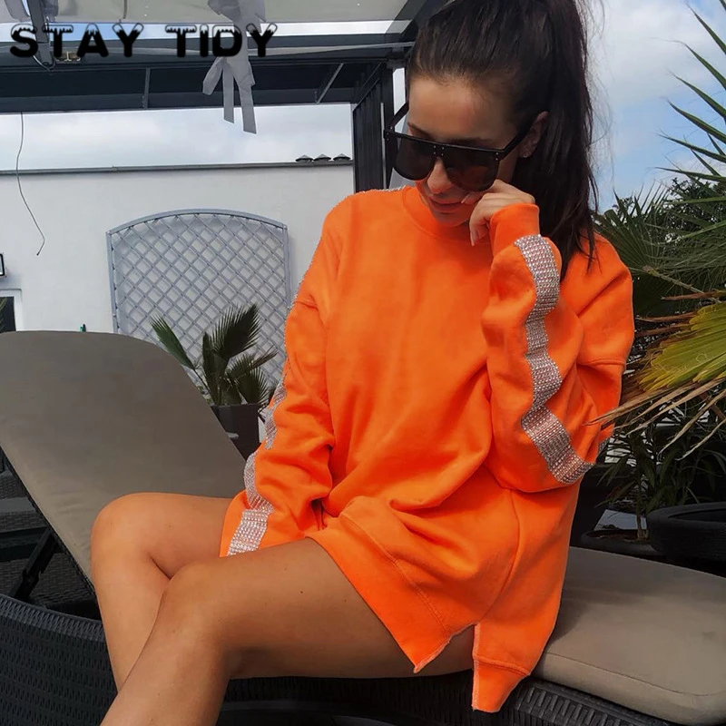 

STAY TIDY Fashion Orange Side Striped Side Split Loose pullover 2019 Autumn New Long Sleeve O-Neck Casual Cotton Streetwear Tops