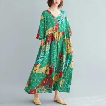 

Johnature 2020 New Summer casual Plus Size Bohemia V-neck Print Flare Sleeve Women Dresses korean Loose Pockets Female Dress