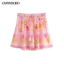 GYPSY Boho Chic летние Винтаж шорты с цветочным принтом Для женщин модная эластичная кулиска на талии кисточкой пляжная Стиль Короткие штаны Pantalon