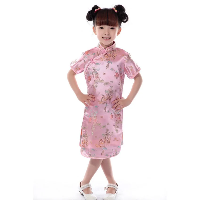 Children Girls Vintage Oriental Chinese Traditional Costumes Cheongsams Dragon Embroidery Satin Silk Dresses for Kids Girls