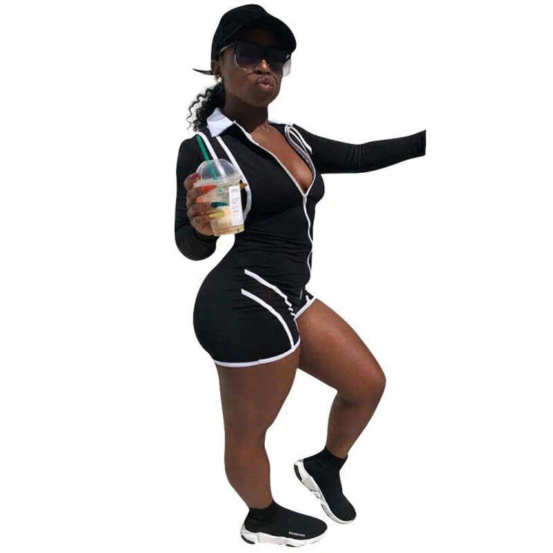 Полосатый передний молния сексуальный боди Женский длинный рукав Bodycon купальный костюм с шортами плюс размер длинный рукав цельное обтягивающее боди